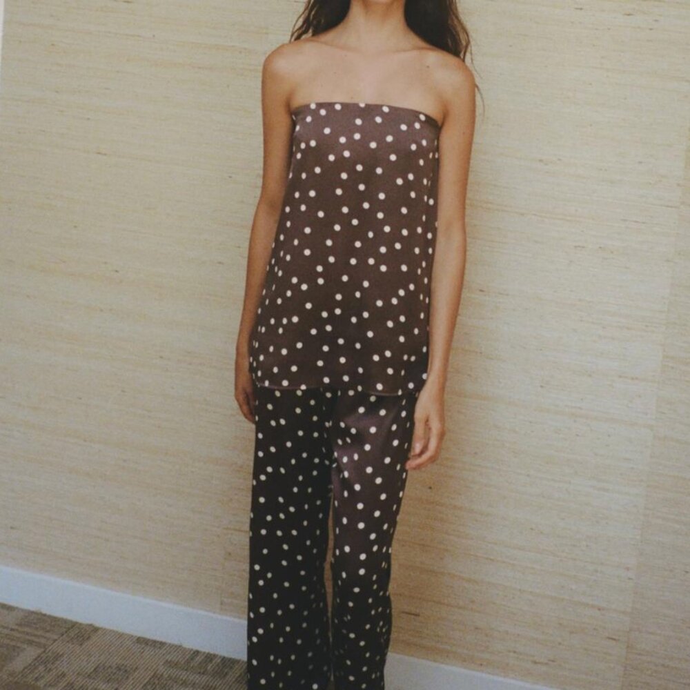 ZARA BROWN POLKA DOT STRAPLESS SATIN EFFECT TOP & SATIN PANTS M/L